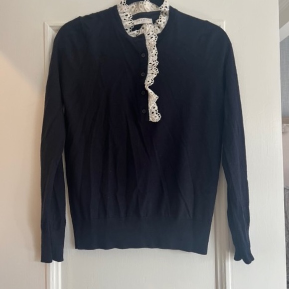 Sandro Colane Eyelet Detail Wool-Blend sweater, Size 2 Navy blue - Picture 2 of 4